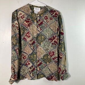 TESS 100% Silk Patchwork Print Button Front Shirt Women's Size 4